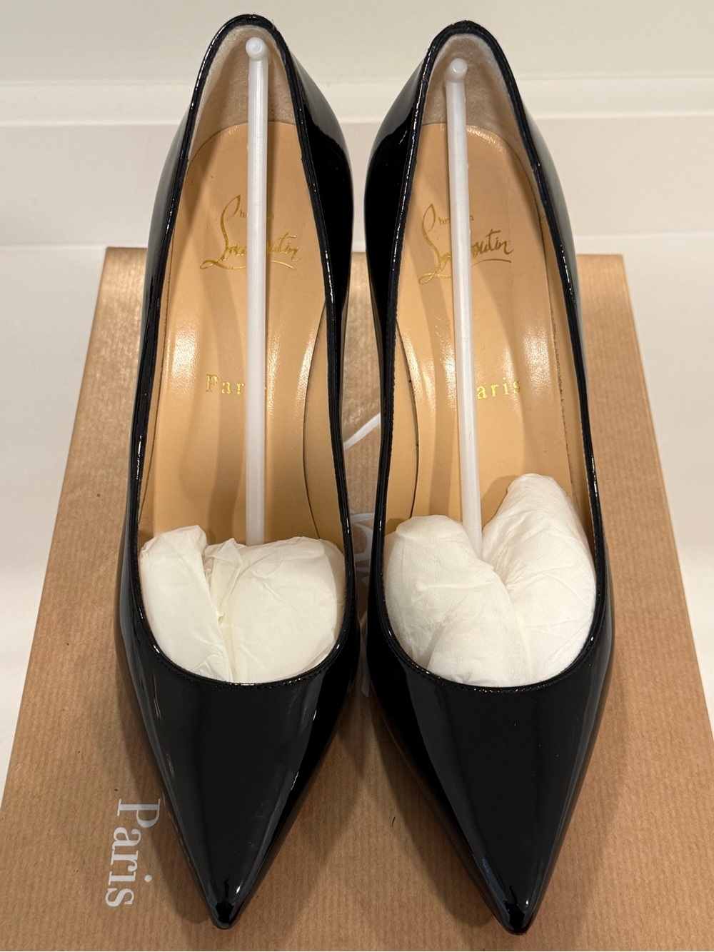 Christian Louboutin Black Patent Pointed-Toe Pumps with Nude Interior